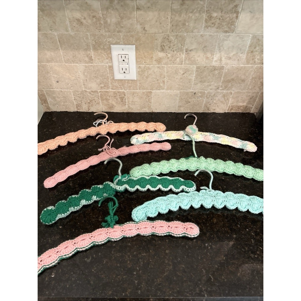 Rare Vintage Lot Of 7 MCM Handmade Crochet Knit Multicolor Yarn Clothes Hangers